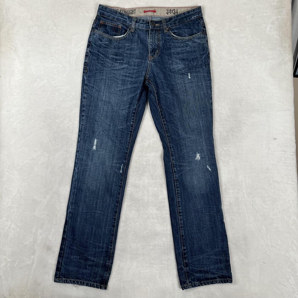Converse One Star Vintage Straight Jeans Mens 34x34 Blue Distressed Denim